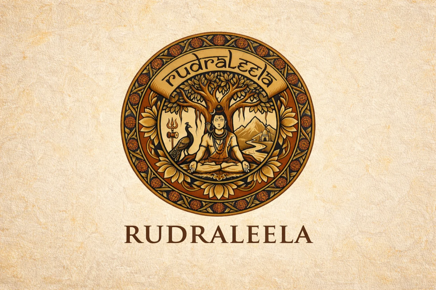 Rudraleela — Shiva seated beneath the tree, peacock, trident, mountain temple. Mandala.